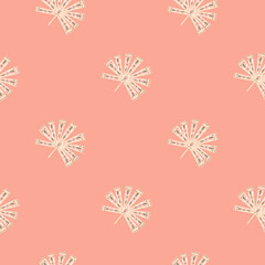 Seamless tropic pattern in minimalistic style with doodle white folk licuala palm shapes. Pink background.