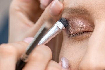 Make-up artist makes eye makeup for a young woman in brown and pink close-up
