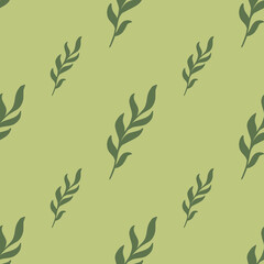 Minimalistic style seamless nature pattern with doodle leaves twig print. Pastel green background.