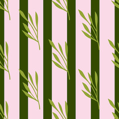 Decorative seamless pattern with doodle green leaf silhouettes. Striped green and pink background.