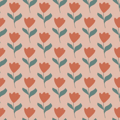 Pale red simple tulip flowers silhouettes seamless pattern in doodle style. Pink background. Doodle style.