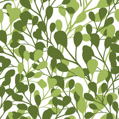 Fototapeta na wymiar Random foliage seamless pattern with green abstract white eucalyptus leaf ornament. Isolated doodle print.
