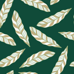 Random beige and white colored feather shapes seamless doodle pattern. Green background. Ethnic print.