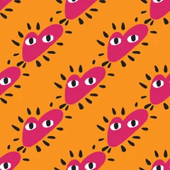 Fotobehang Valentine seamless pattern with cute pink heart characters print. Orange bright background. Doodle style. © Lidok_L