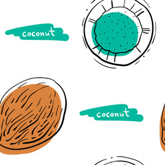 Seamless pattern with coconut in black line sketchy style isolated on white background. Tropical fruits. Doodle hand drawn vector illustration