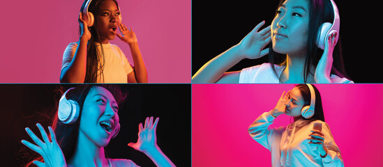 Group of four young girls in headphones isolated on multicolored background in neon light, collage.