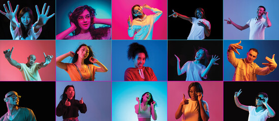 Group of young people men and women posing isolated on multicolored background in neon light. Collage.