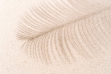 Tropical beach sand with shadows of coconut palm tree leaves in summer. Travel and vacations concept background.