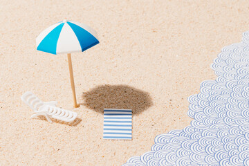 White and blue beach umbrella, sun chair and blue and white striped towel on sand and paper waves. Beach set for sunny days. Summer holiday concept. Copy space.