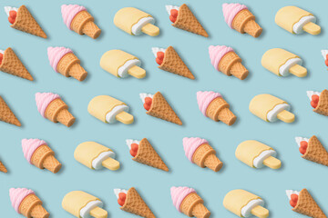 Creative pattern of colourful popsicles or ice-creams on blue background. Summer and food concept. Illustration 3d.