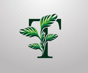 Letter T monstera green plant icon, tropical leaves decorative logo