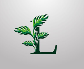 Letter L monstera green plant icon, tropical leaves decorative logo