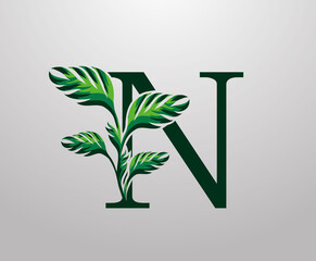 Letter N monstera green plant icon, tropical leaves decorative logo