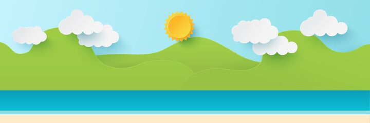 Obraz premium Summer time background. Beautiful mountains and sea on nature background. Paper cut and craft style illustration