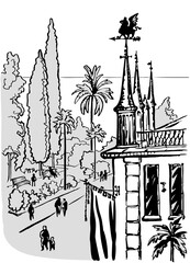 Boulevard of the resort town with a fragment of the house. Black and white graphics.