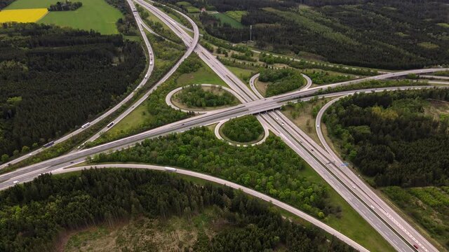 Drone Aerial view of a german Autobahn motorway junction interchange in 4k