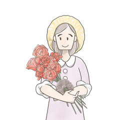 薔薇の花束を持つ女性の手書き水彩風イラスト
