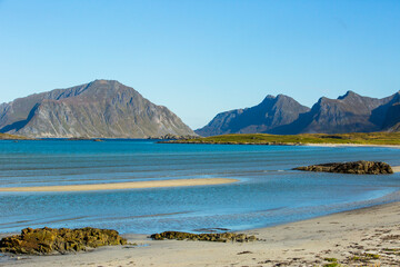 Autumn landscape and beach in Lofoten Islands, Northern Norway