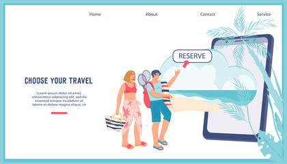 Travel airline ticket booking, hotel resort concept web banner. People arrange their travels and summer vacations through smartphone app, flat vector illustration. Design for site or landing page.