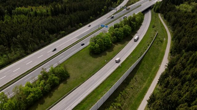 Drone Aerial view of a german Autobahn motorway junction interchange in 4k