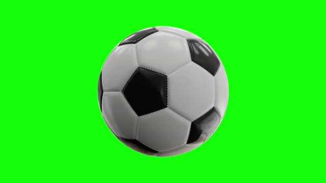 Soccer ball rotating 360. Realistic 3D animation seamless loop. Green screen chroma key background. Perfect for Sport news or sports advertising. Black and white football. Slow Motion