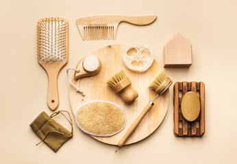 Zero waste and eco-friendly accessories. Bathroom, spa and kitchen supplies top view, on a beige background