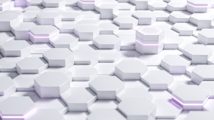 White abstract futuristic hexagonal background with purple light, 3D rendering