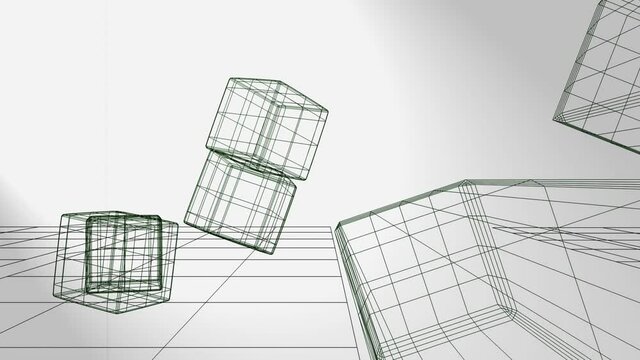 3d animation, some cubes with wind effect on grey background (wire-framed)