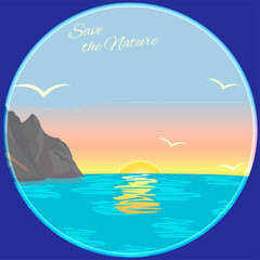 Drawing of a sea landscape. Text - Save the Nature for World Environment Day. Vector illustration