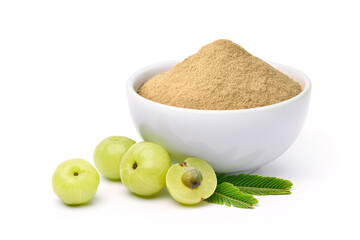 Amla (Indian gooseberry) powder with fresh fruits on white background.