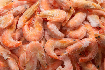 Fresh shrimps in ice. Top view.