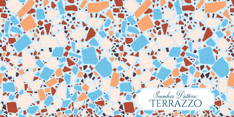 Terrazzo broken tile floor texture seamless pattern, vector abstract background with chaotic mosaic pieces, composed of natural stone, marble, glass and concrete imitations.