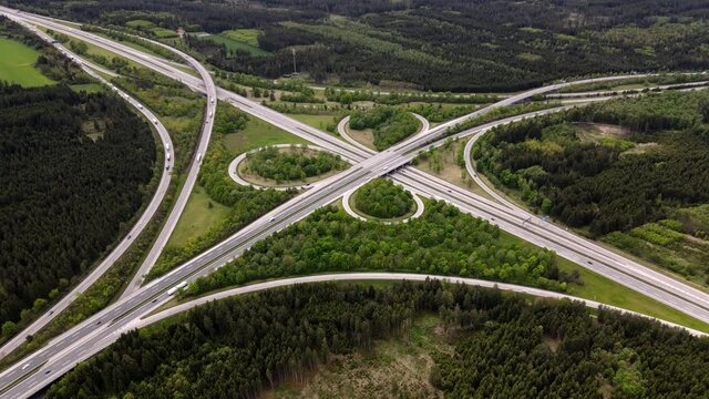 Drone Aerial view of a german Autobahn motorway junction interchange in 4k, traffic