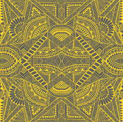 Tribal kaleidoscope psychedelic geometric mandala  background, yellow outline color, isolated on grey.