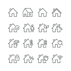 Real estate related icons: thin vector icon set, black and white kit