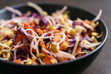 Home made coleslaw with sprouted lentils and carrots.