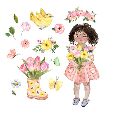 Watercolor little girl in pink dress holding floral bouquet, cute spring bird, pink tulip bouquet in garden rain boot, butterflies. Hand painted illustration, isolated on white background.