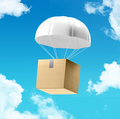 Flying box transportation express delivery order service. Box with wings transportation logistic...