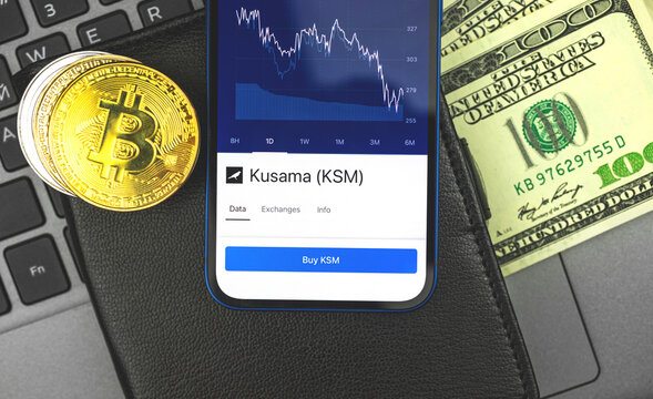 Trade with Kusama KSM crypto currency, stock market exchange and online banking concept background with bitcoin coin and dollars, top view photo