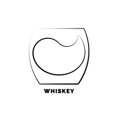 Glass whiskey with a drop of drink inside. Contour line art in flat style. Restaurant alcoholic illustration for celebration design. Beverage outline icon with text. Isolated on white background