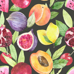  Fruit seamless pattern mixture of orange,kiwi slices, strawberry, summer composition of fruits and vitamins, orange, red, green color of your fantasies Watercolor handiwork.