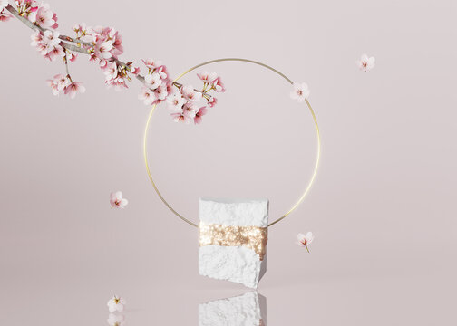 3D background, white rock podium, stone display with circle rim frame. Sakura pink flower branch, . Cosmetics, beauty product promotion step pedestal with gold. Abstract minimal banner 3D render
