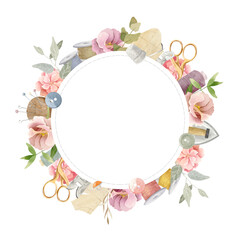 Fototapeta na wymiar Round frame (wreath) - sewing illustration with scissors, needles, reel of thread decorated with flowers. Soft pastel colors.