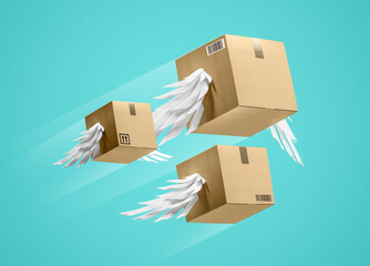 Flying box transportation express delivery order service. Box with wings transportation logistic...