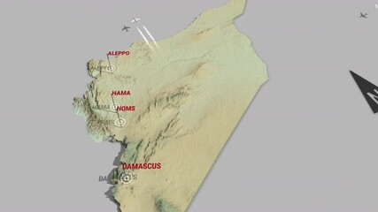 Seamless looping animation of the 3d terrain map of Syria with the capital and the biggest cites in 4K resolution