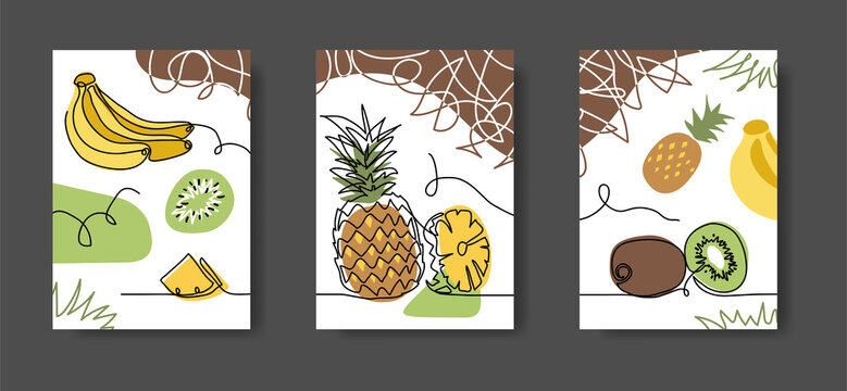 Exotic, tropical fruits wall lineart decoration. Pineapple, bananas, kiwi. Set of vector illustrations, one continuous wall lineart for kitchen or cafe