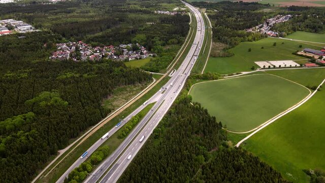 Drone Aerial view of a german Autobahn motorway highway in 4k, traffic