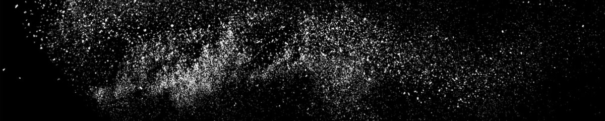 White Grainy Texture On Black. Panoramic Background. Wide Horizontal Long Banner For Site. Dust Overlay. Light Coloured Noise Granules. Snow Vector Elements. Illustration, EPS 10.