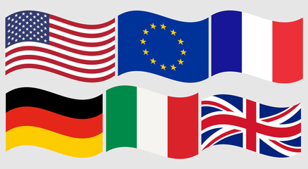 waving flags of USA Europe France Germany Italy and UK