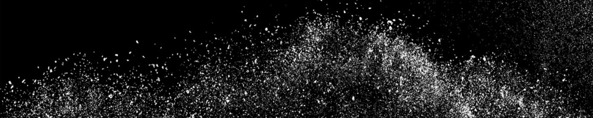 White Grainy Texture On Black. Panoramic Background. Wide Horizontal Long Banner For Site. Dust Overlay. Light Coloured Noise Granules. Snow Vector Elements. Illustration, EPS 10.